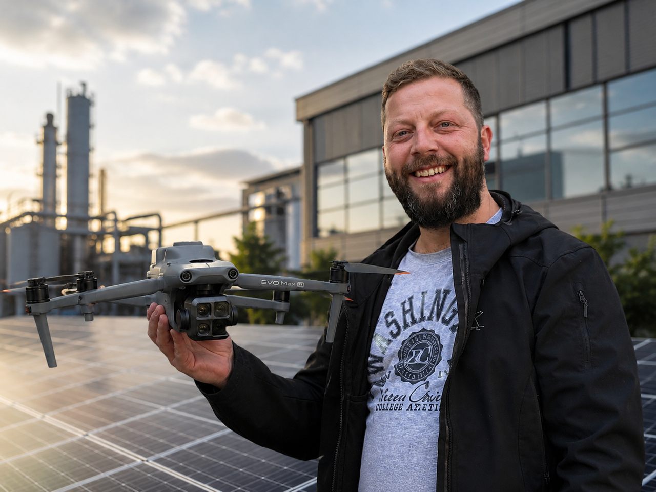 Gründer von UscanAirVision mit einer Inspektionsdrohne auf einem Firmendach