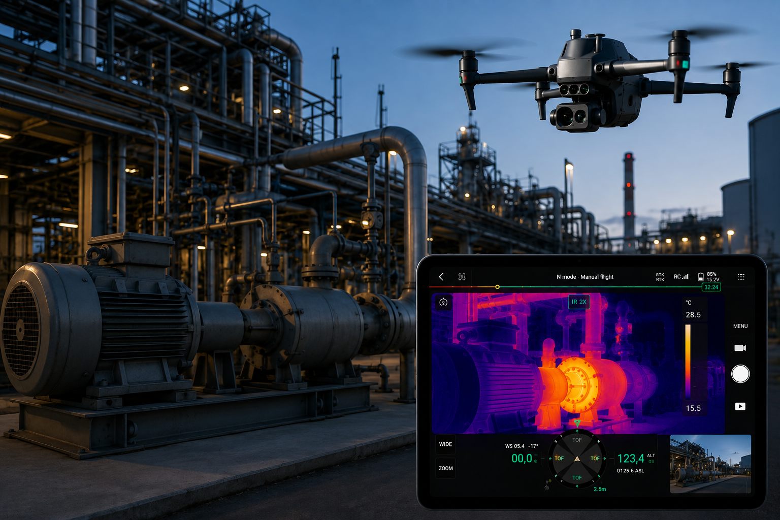 Thermografische Drohnenaufnahme einer Industrieanlage