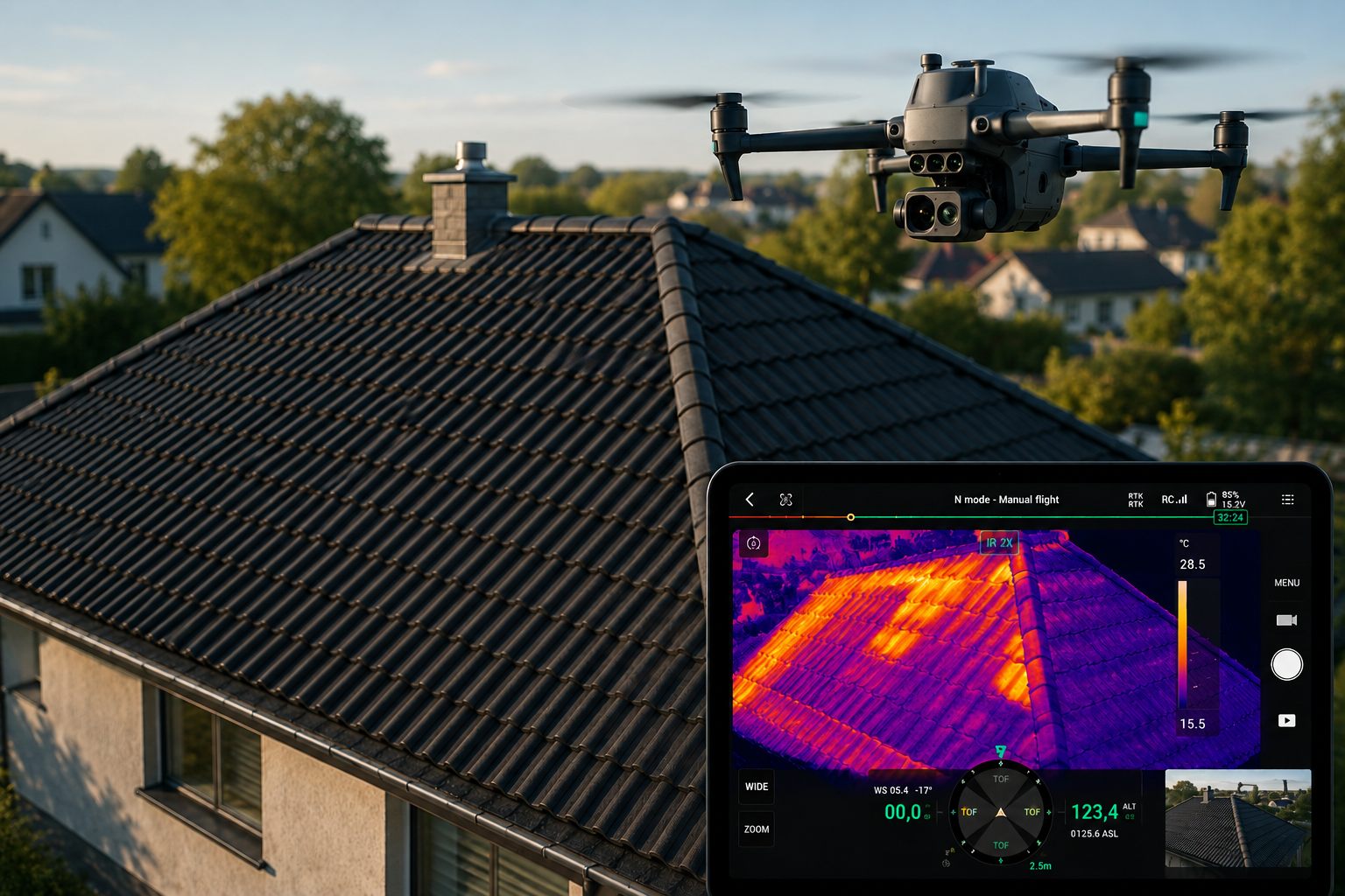 Thermografische Drohnenaufnahme eines Daches